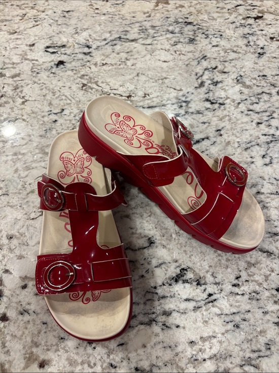 Alegria Shoes - Alegria Red Patent Slide Sandals with Buckle Accents-Size 39-